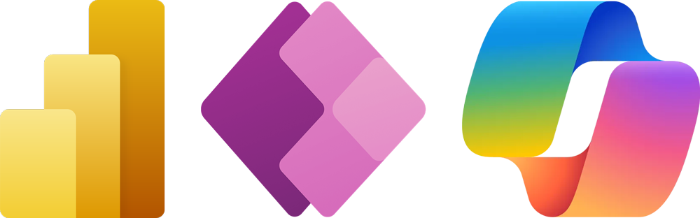 Logo icons for Power BI, Power Apps, and Microsoft Co-pilot